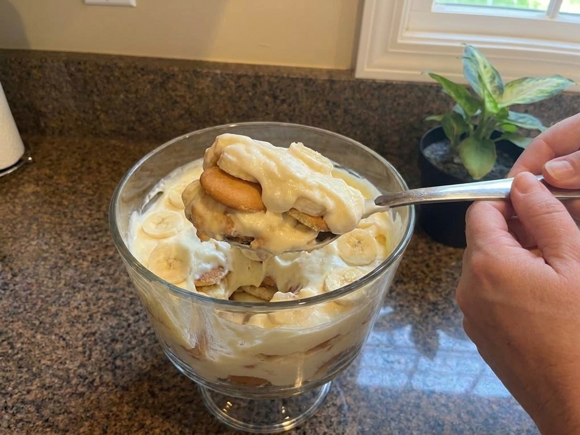 A serving spoon lifting a scoop of banana pudding showing layers of wafers, bananas, and creamy filling in a glass dish
