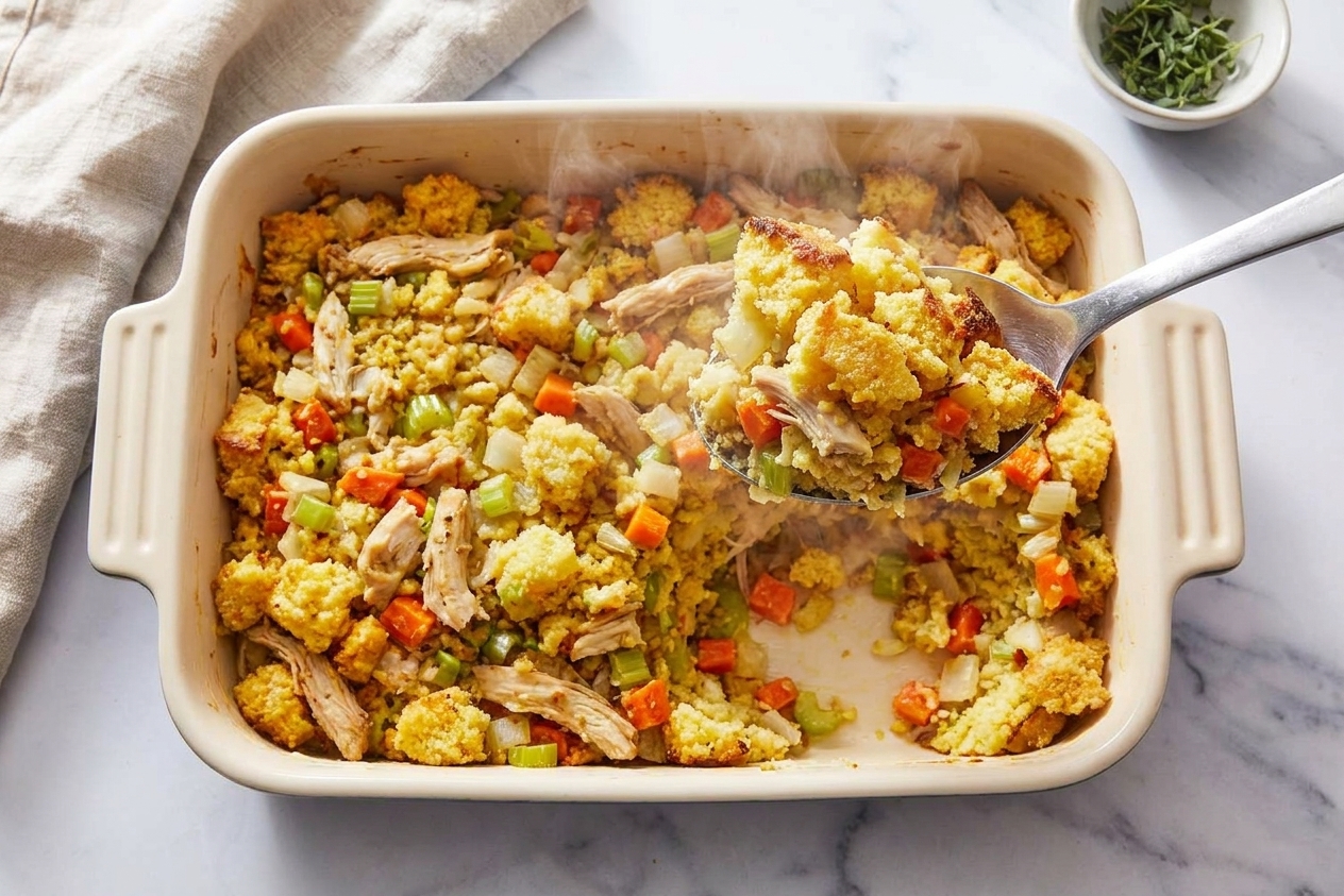 A serving spoon lifting a steamy scoop of chicken and cornbread dressing from a golden baked casserole dish