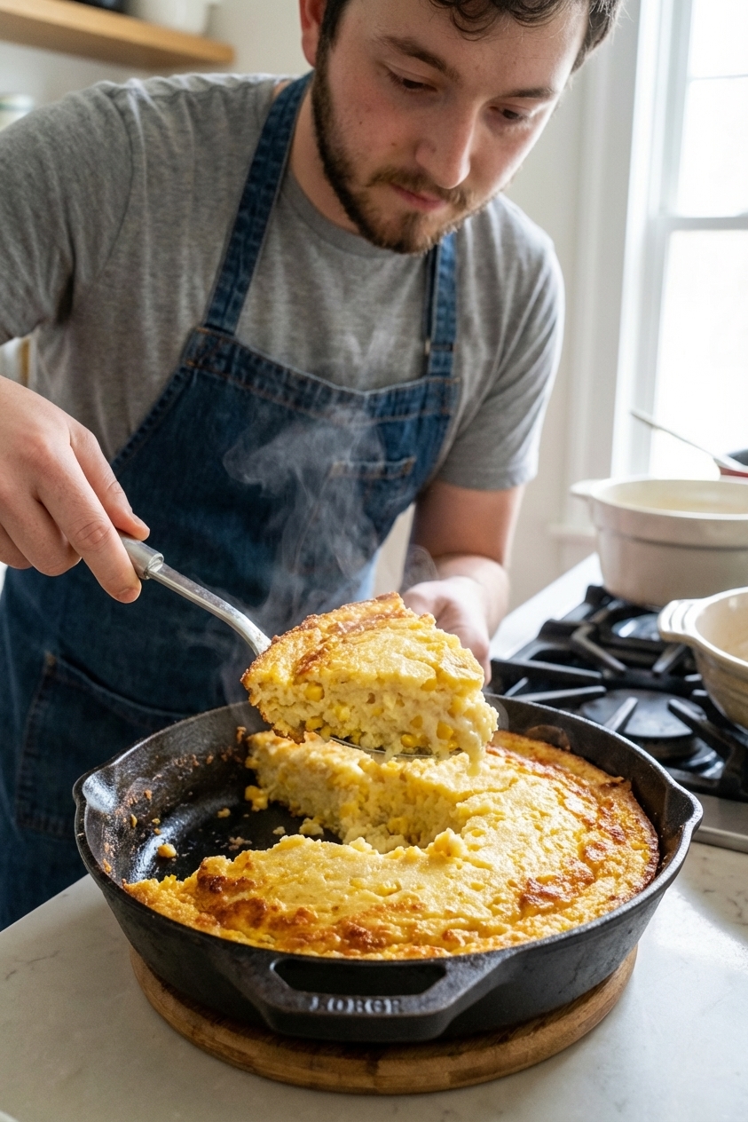 A serving spoon lifting a steamy scoop of custardy corn spoon bread from a cast-iron skillet, showing a creamy interior and golden edges