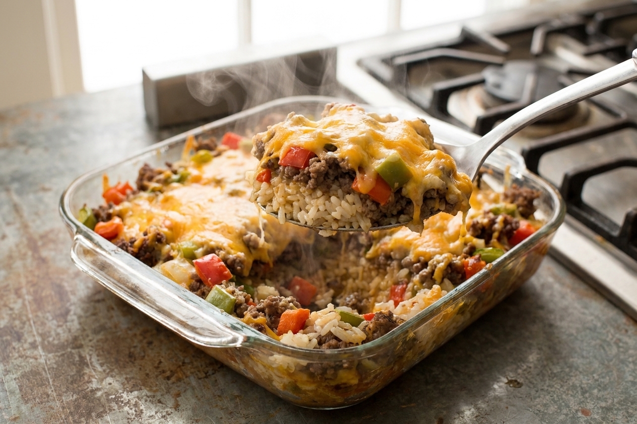 A serving spoon lifting a steamy scoop of stuffed pepper casserole showing rice, beef, and bell pepper pieces with melted cheese