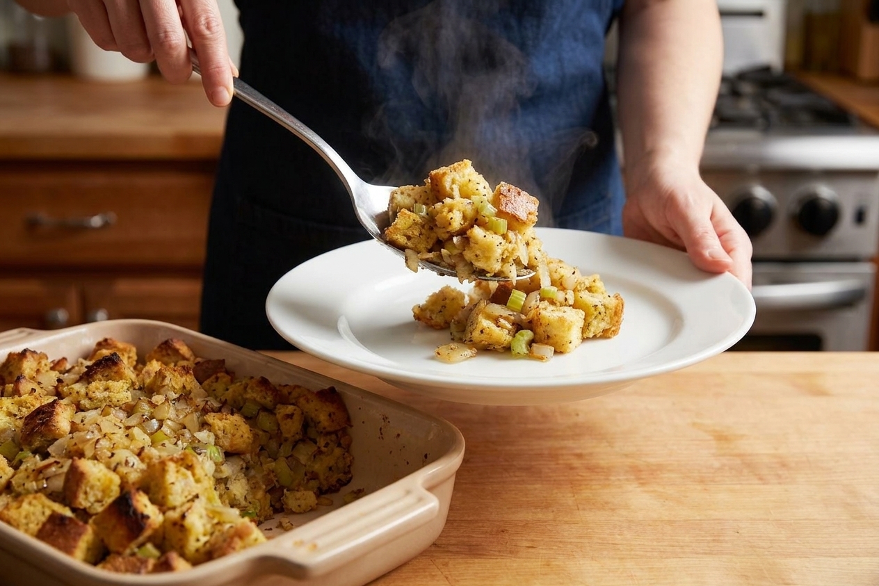 A serving spoon lifting a warm scoop of bread dressing from a baking dish onto a plate