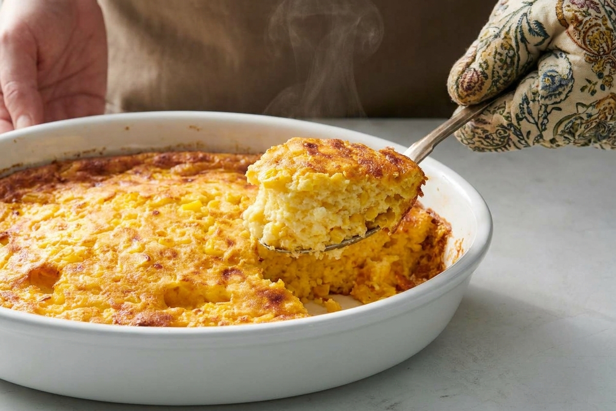 A serving spoon lifting a warm scoop of corn soufflé casserole from a baking dish, showing a golden top and fluffy interior