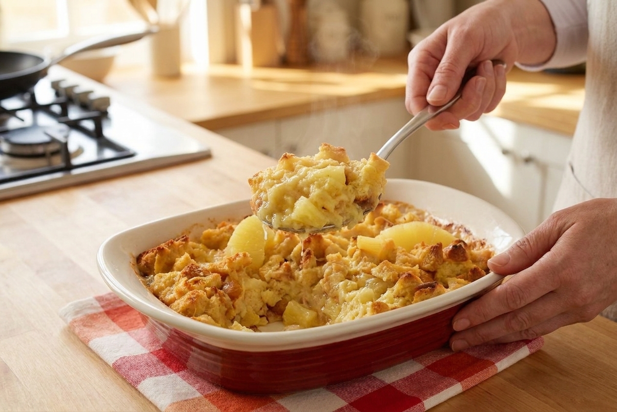 A serving spoon lifting a warm scoop of pineapple stuffing from a casserole dish, showing a soft center and golden crust