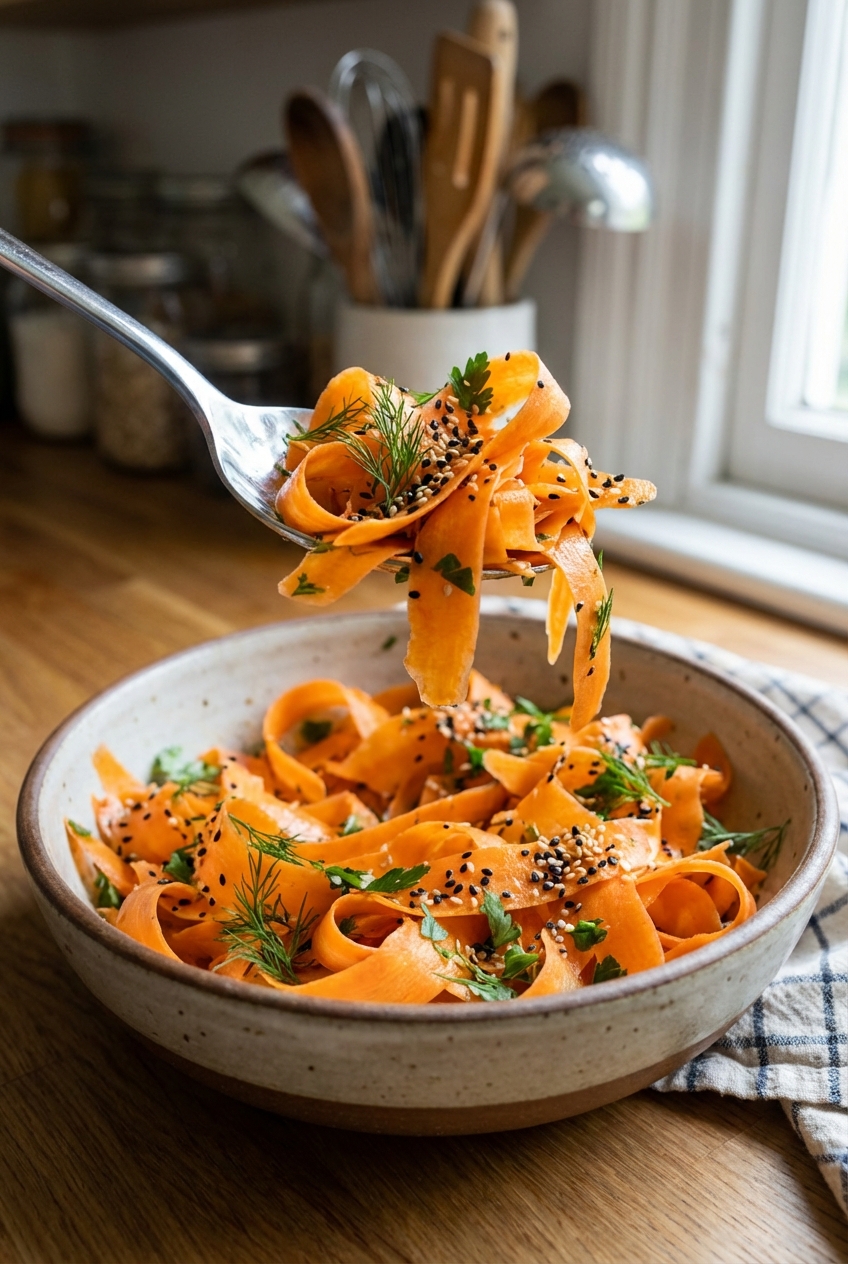 A serving spoon lifting carrot ribbons from a bowl with herbs and sesame seeds