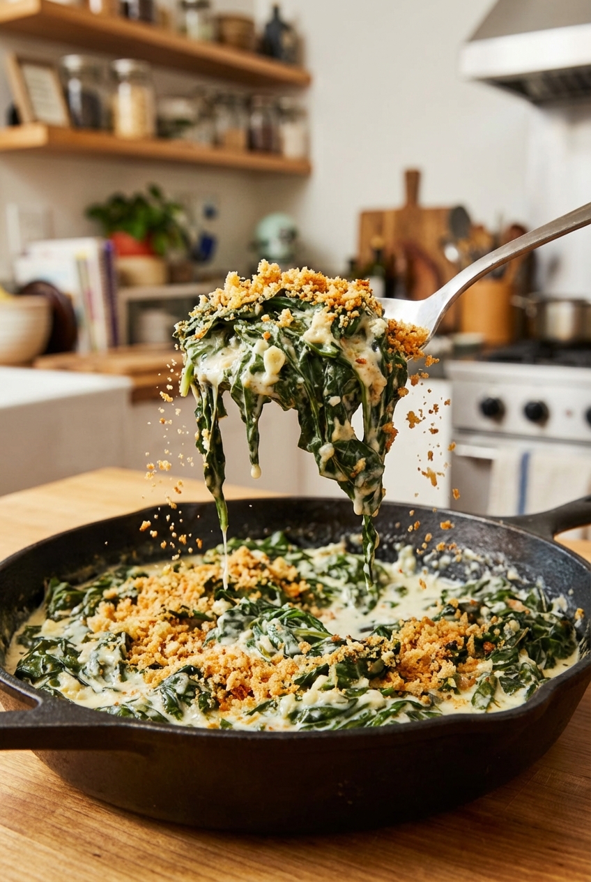 A serving spoon lifting creamy Swiss chard from a skillet with golden breadcrumbs falling back onto the greens