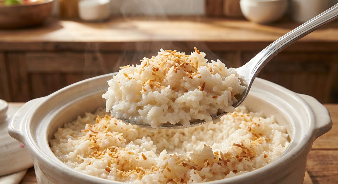 A serving spoon lifting creamy coconut rice from a pot with visible fluffy grains and toasted coconut on top