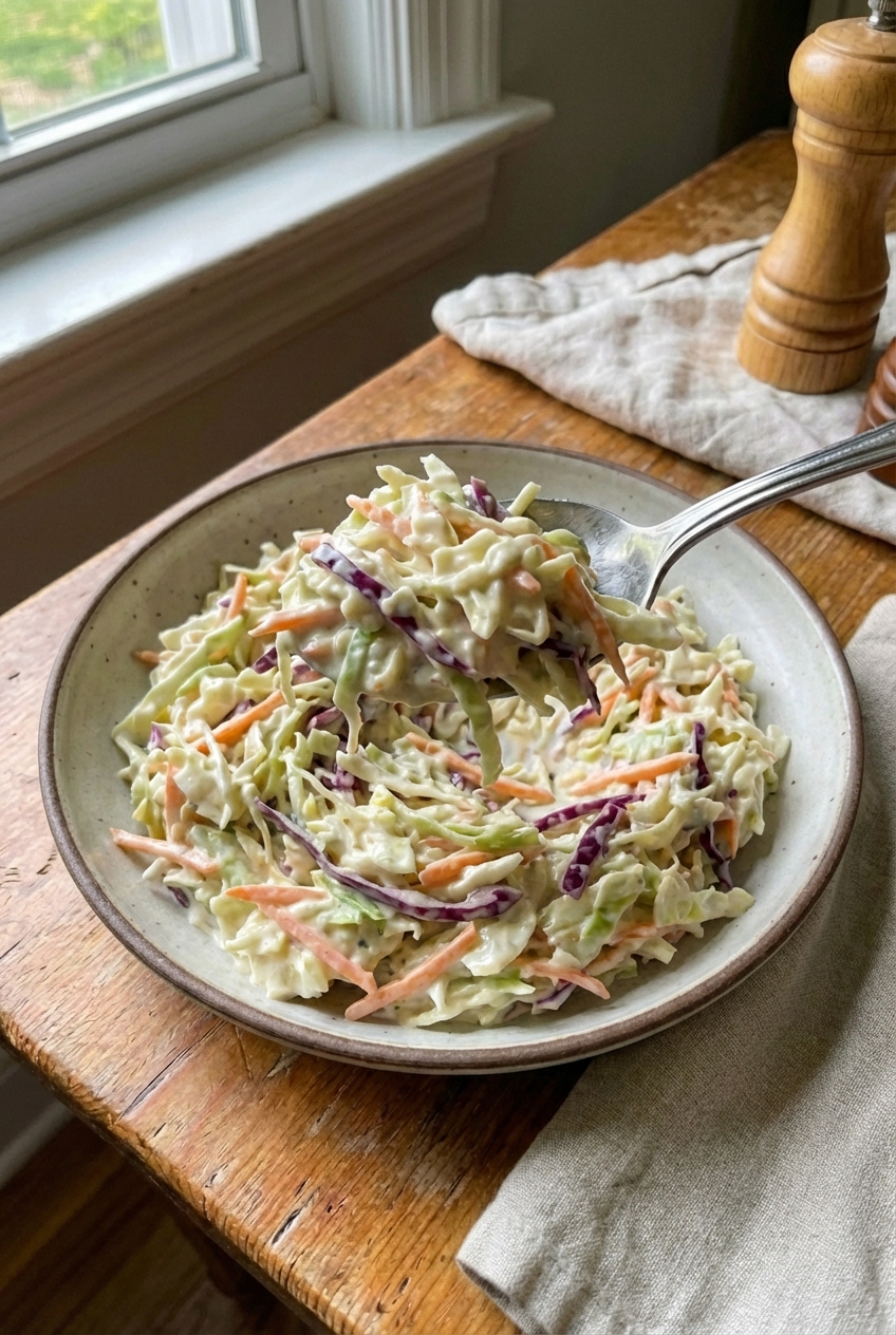 A serving spoon lifting creamy coleslaw from a bowl with visible cabbage strands and carrot shreds