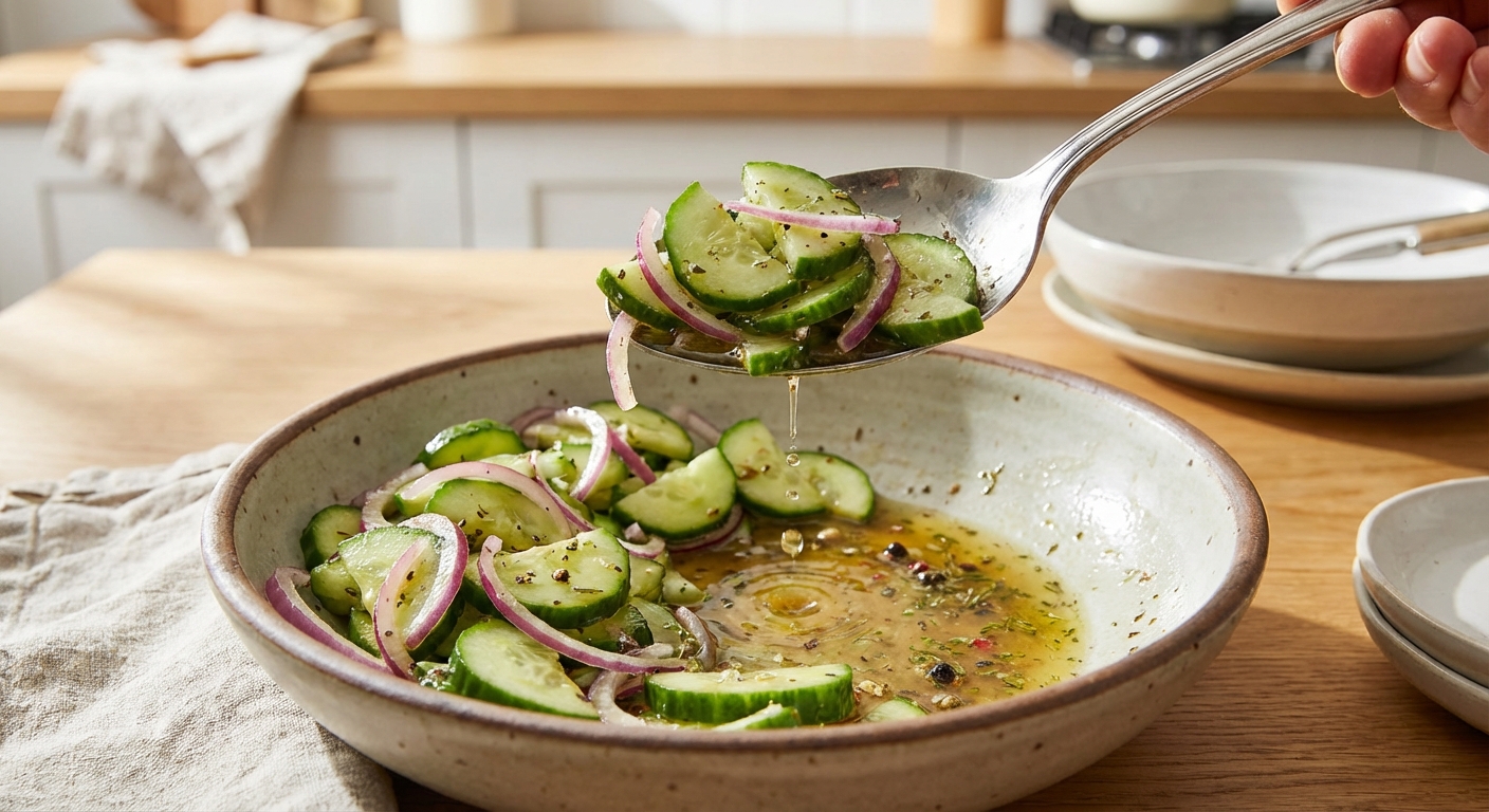 A serving spoon lifting cucumber and red onion salad from a bowl with visible vinegar dressing at the bottom