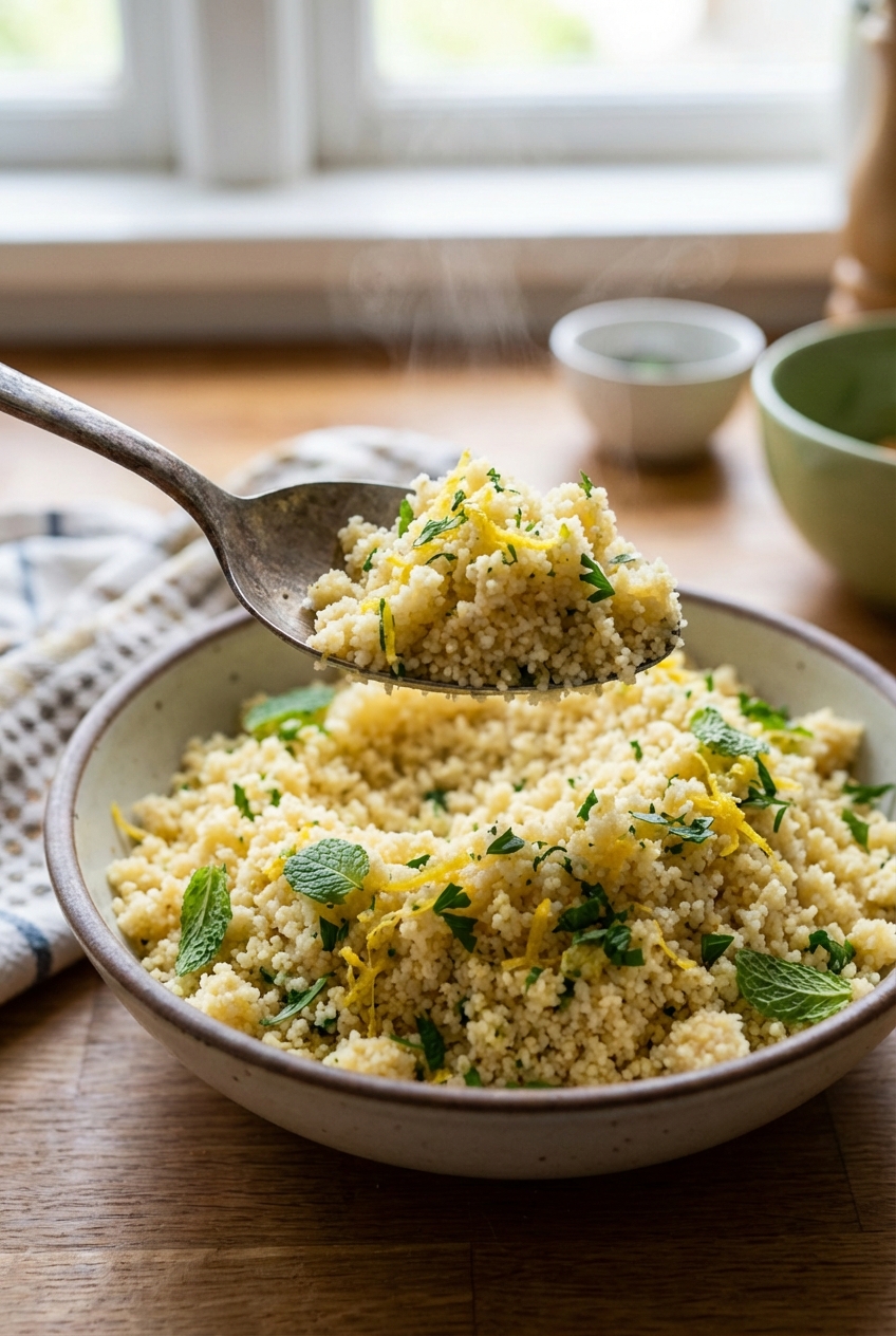 A serving spoon lifting fluffy couscous with lemon zest and herbs from a bowl