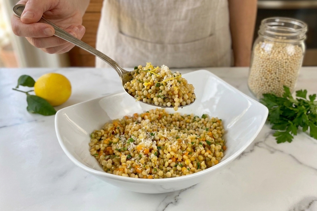 A serving spoon lifting fluffy pearl couscous finished with lemon zest and parsley from a bowl on a kitchen table