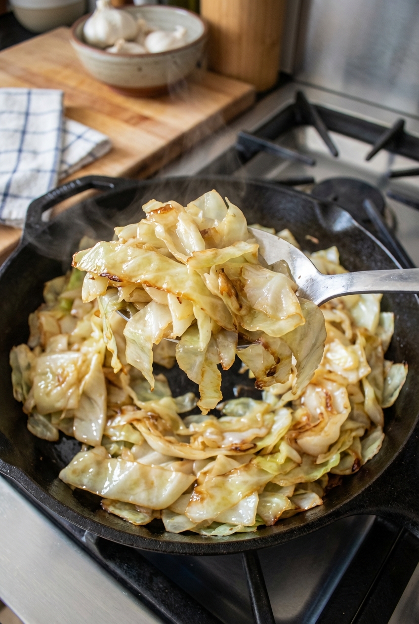 A serving spoon lifting glossy, tender sautéed cabbage from a hot skillet with visible golden edges