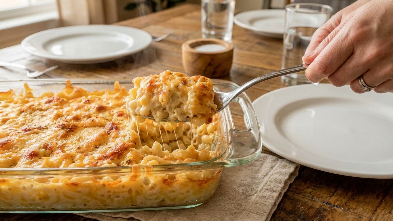 A serving spoon lifting macaroni and cheese from a casserole dish at a family-style dinner table with simple plates and warm lighting