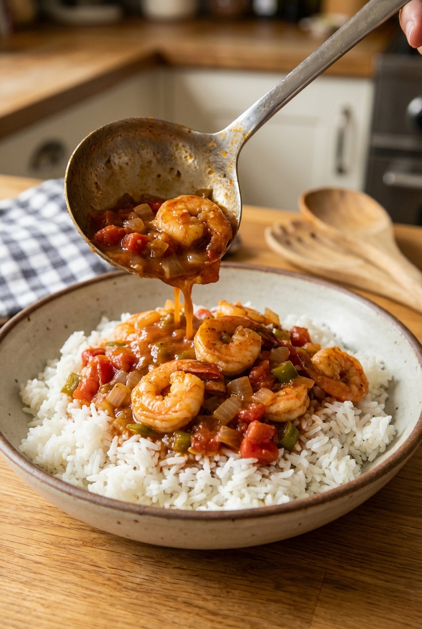 A serving spoon pouring shrimp creole sauce over a bowl of white rice