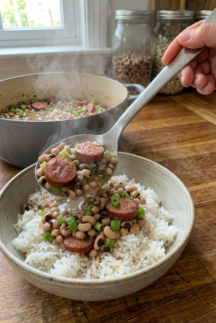 A serving spoon scooping Hoppin’ John over a bowl of white rice with steam rising