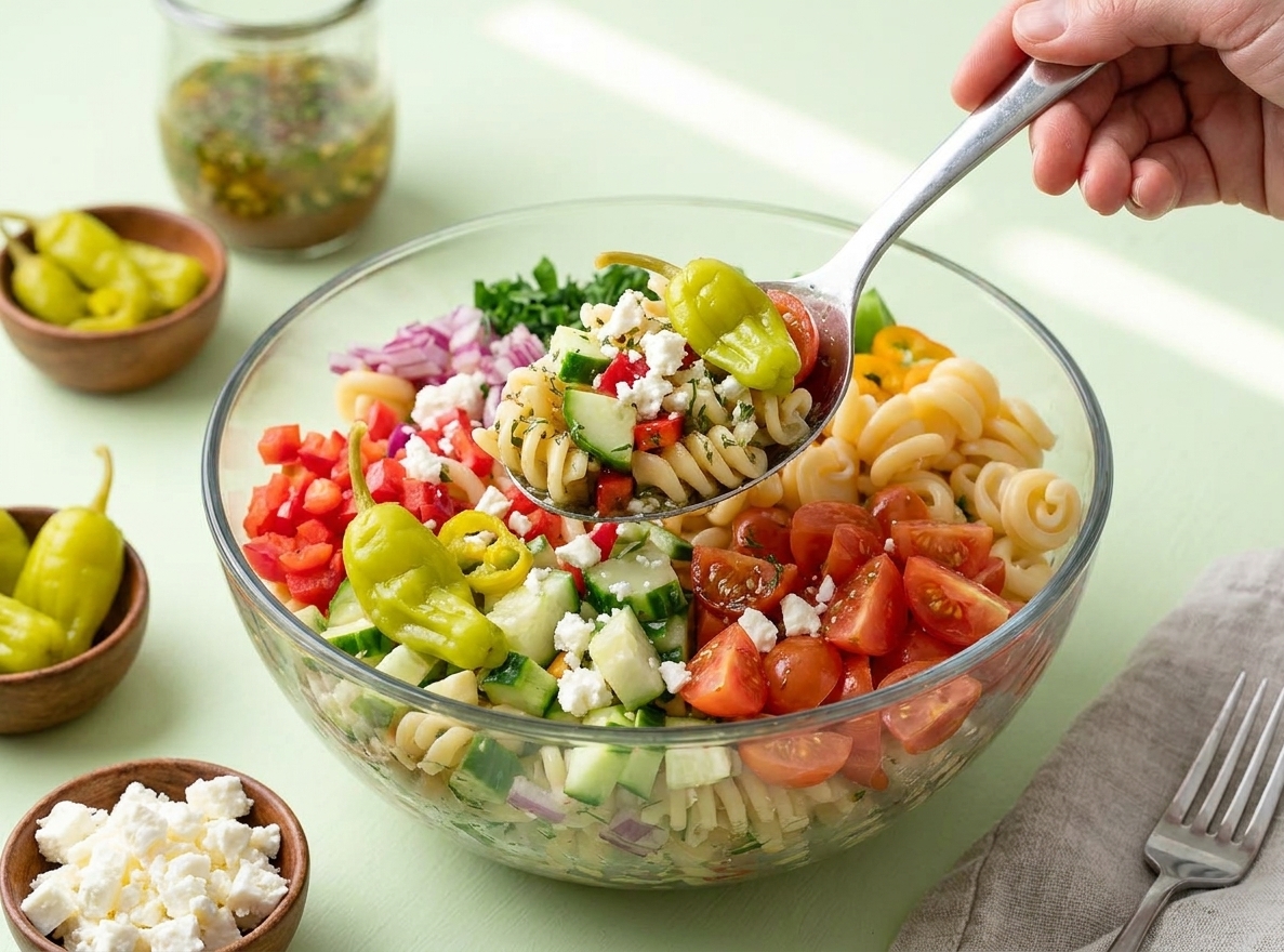 A serving spoon scooping Italian dressing pasta salad from a large bowl, showing feta, pepperoncini, and rotini up close