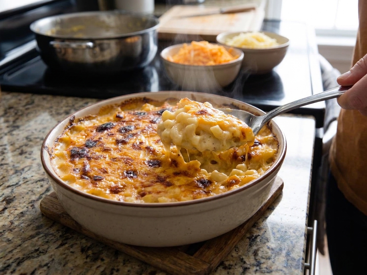 A serving spoon scooping Southern baked mac and cheese from a casserole dish, showing creamy noodles and a crisp golden cheese top