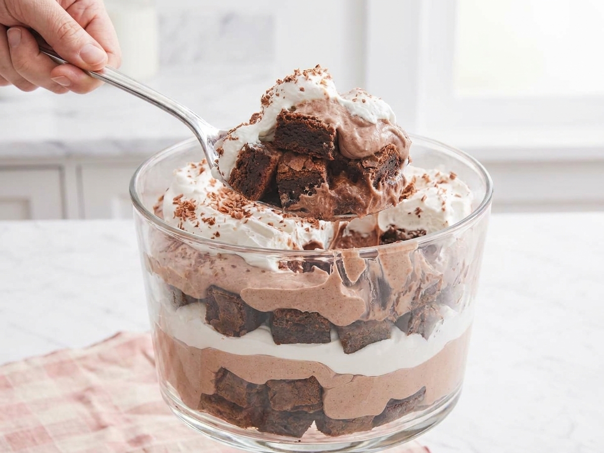 A serving spoon scooping a generous portion of chocolate trifle from a glass bowl with visible layers