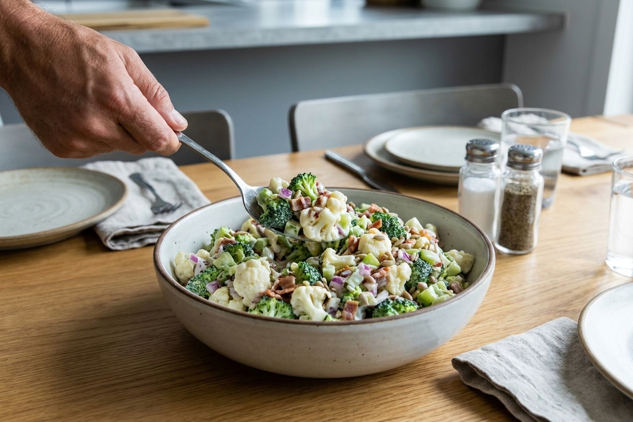 A serving spoon scooping broccoli cauliflower salad from a large bowl at a casual dinner table setting