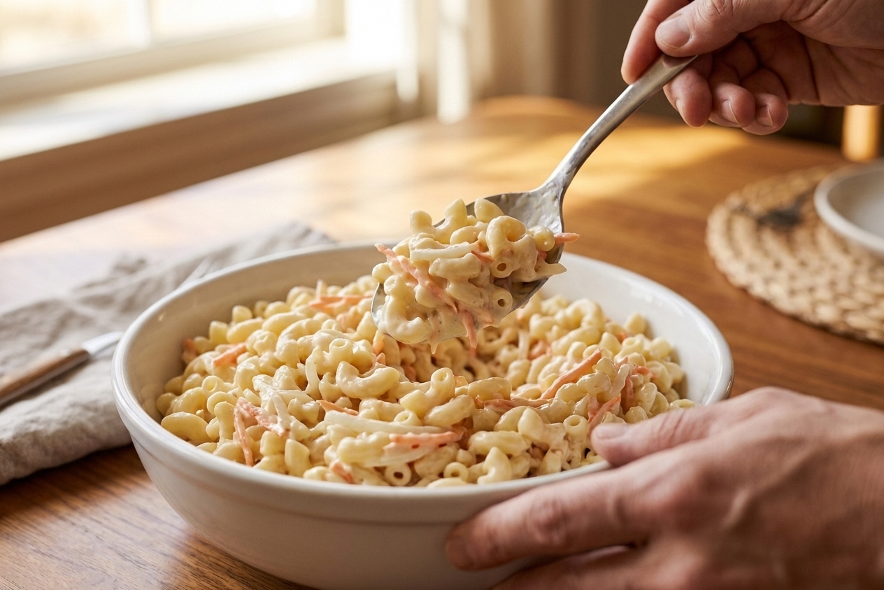 A serving spoon scooping creamy Hawaiian macaroni salad from a white bowl on a dining table with soft afternoon light