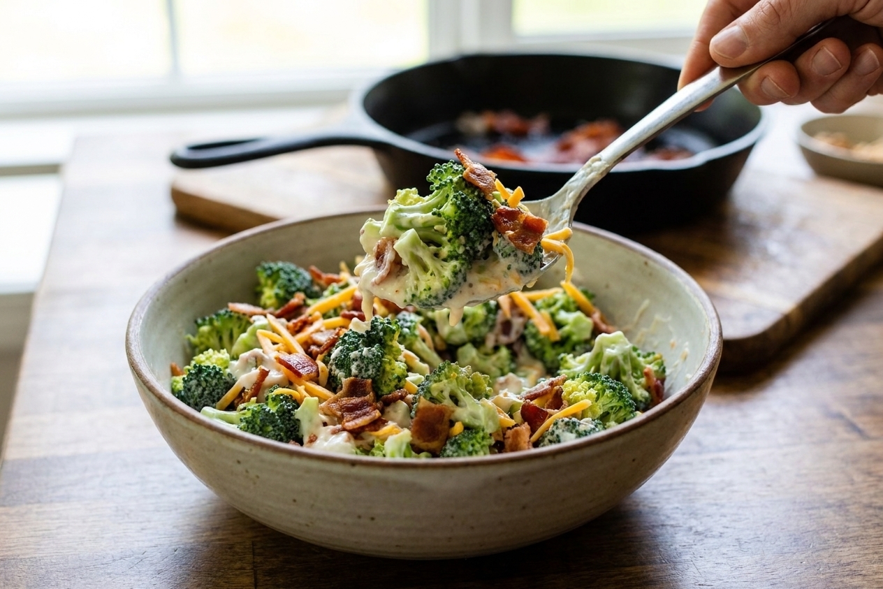 A serving spoon scooping creamy broccoli salad with bacon and cheddar from a large bowl on a kitchen table