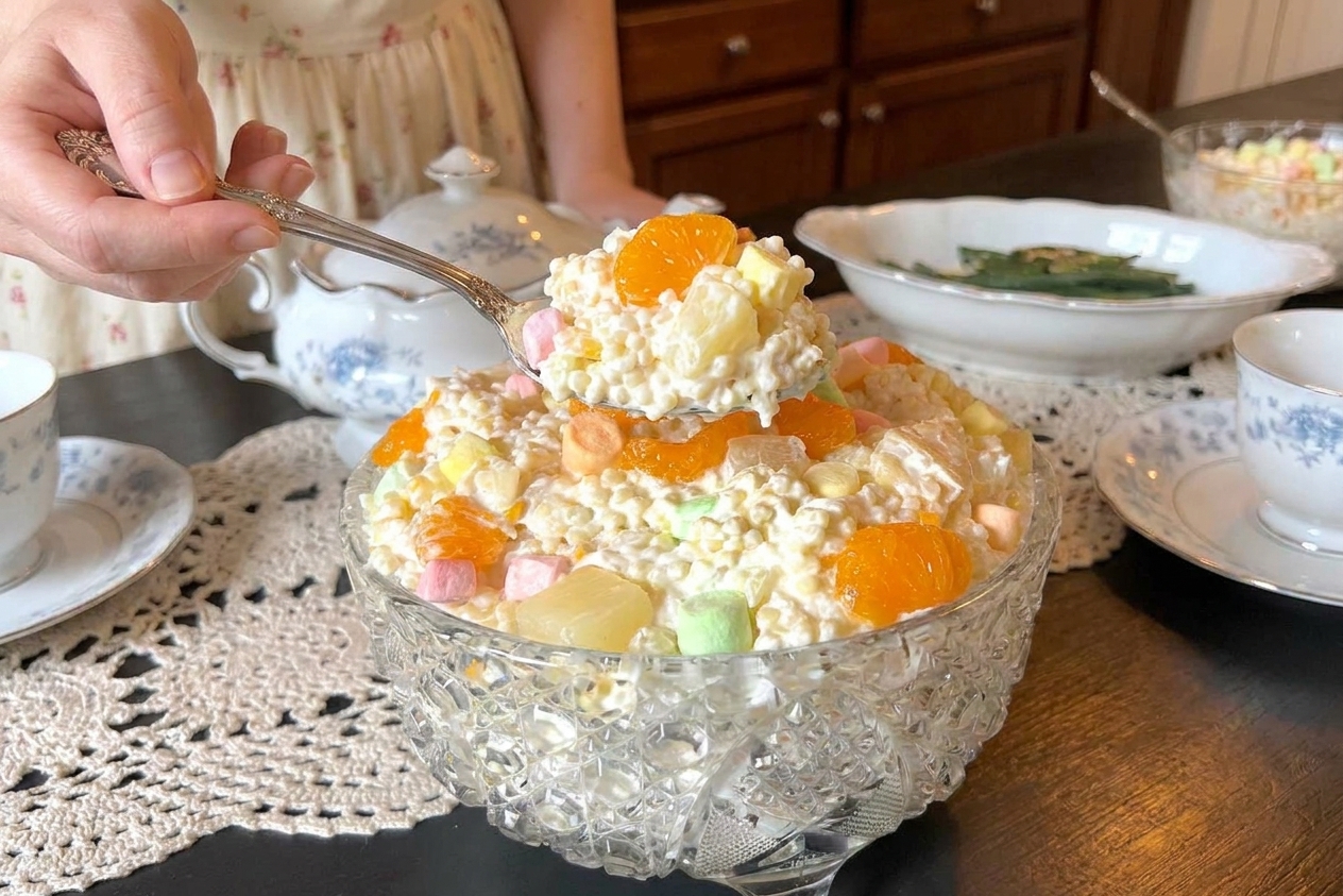 A serving spoon scooping creamy frog eye salad from a bowl with visible mandarin oranges, pineapple, and mini marshmallows on a dining table