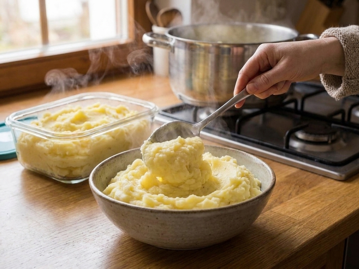 A serving spoon scooping creamy mashed potatoes into a warm ceramic bowl on a kitchen table
