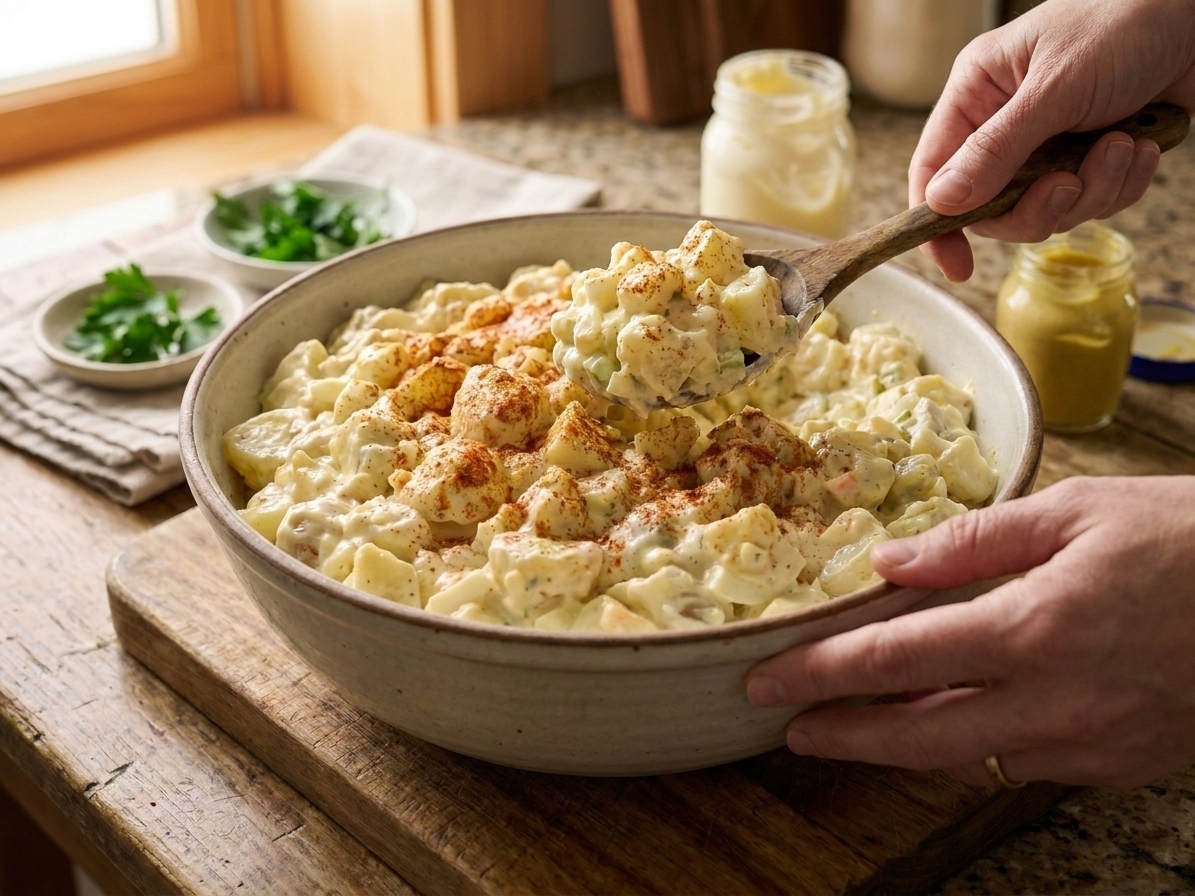 A serving spoon scooping creamy potato salad topped with smoked paprika from a large bowl