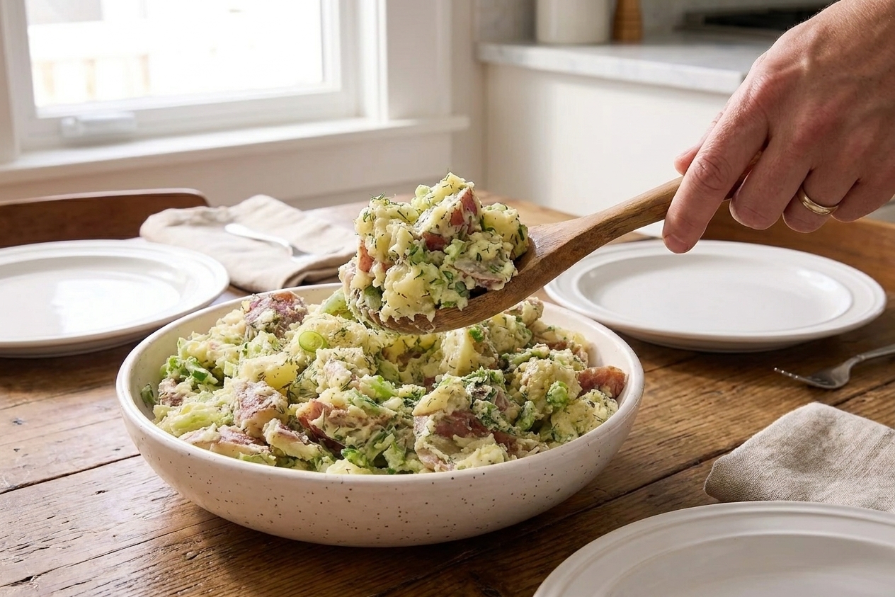 A serving spoon scooping creamy red potato salad from a bowl on a simple dinner table with plates and napkins nearby