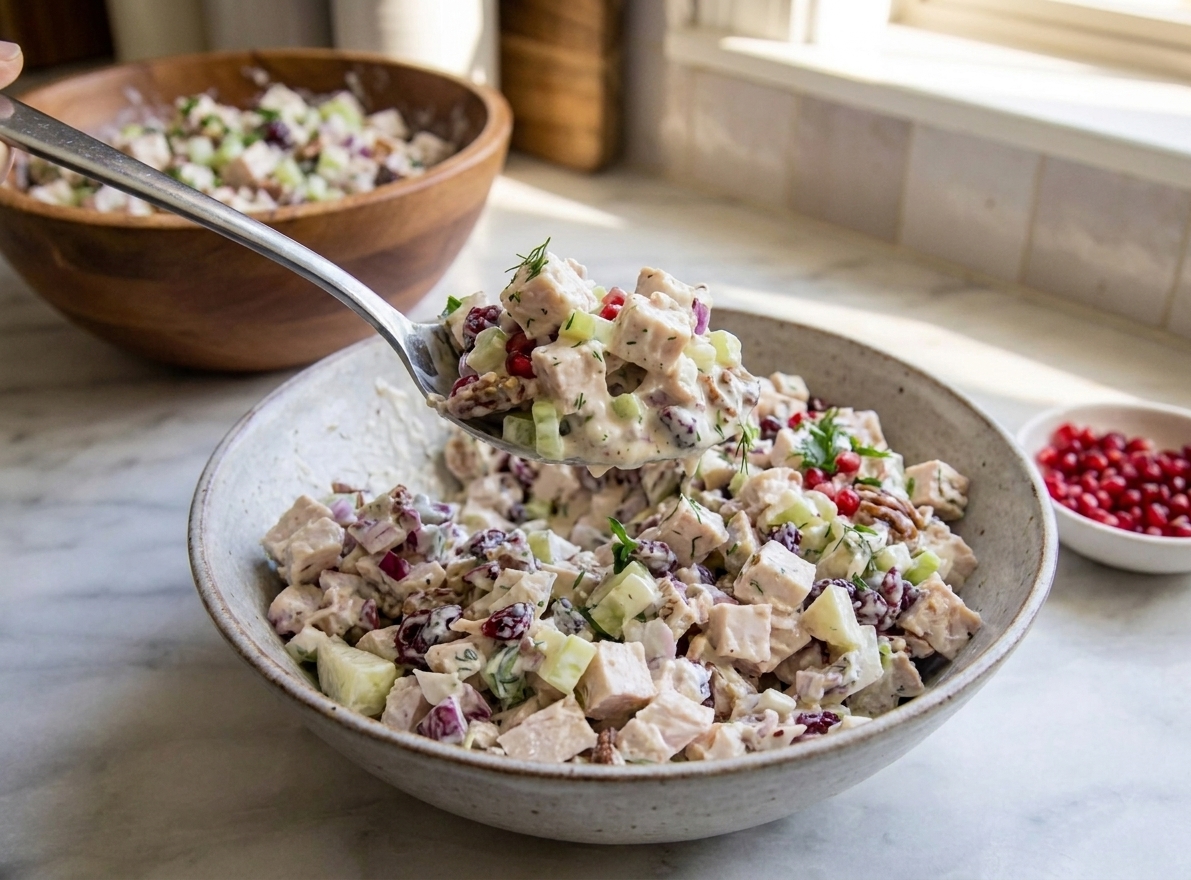 A serving spoon scooping creamy turkey salad from a bowl with visible celery and herbs under warm kitchen lighting