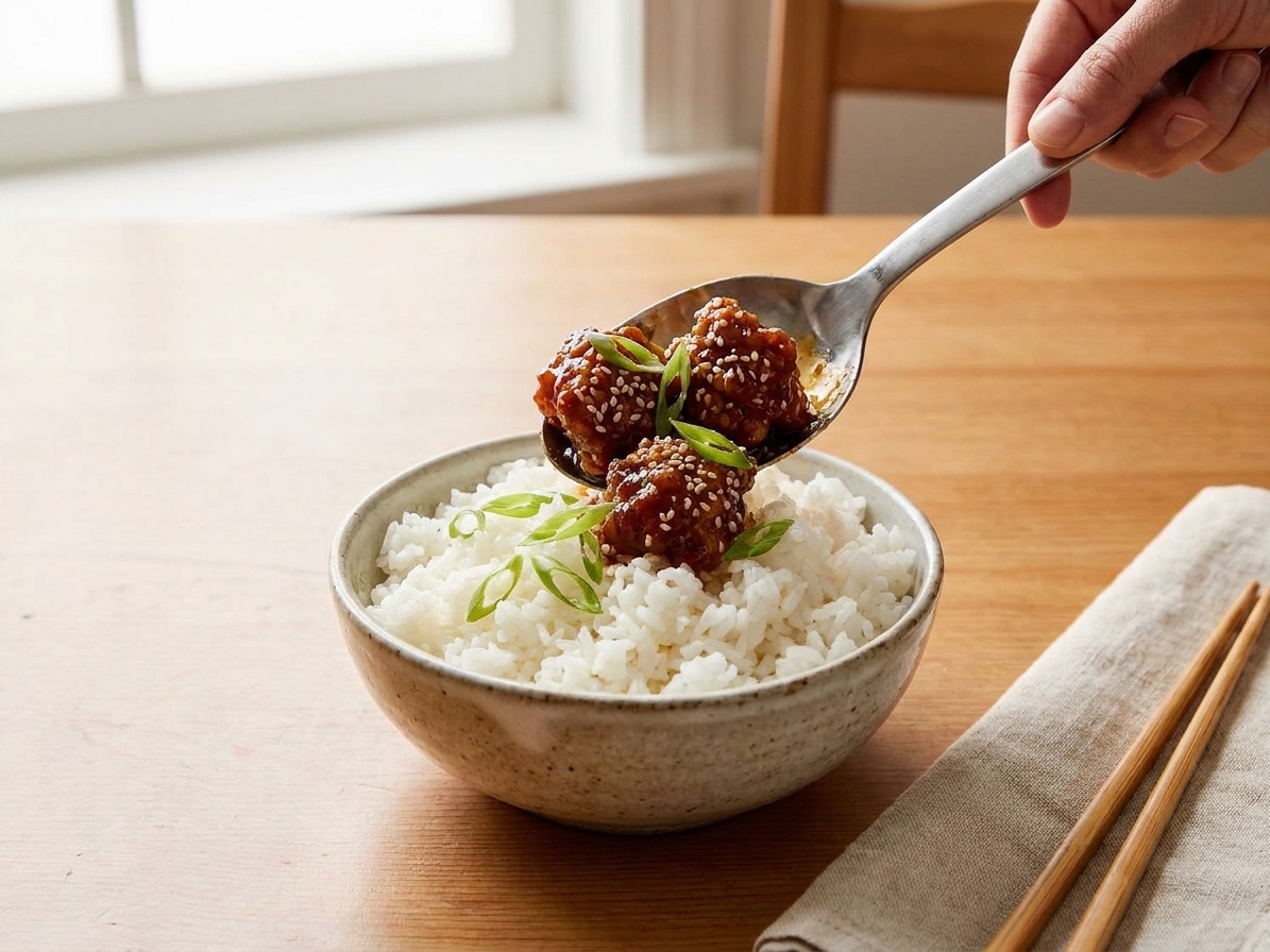 A serving spoon scooping glossy General Tso’s chicken onto a bowl of steamed rice with scallions scattered on top