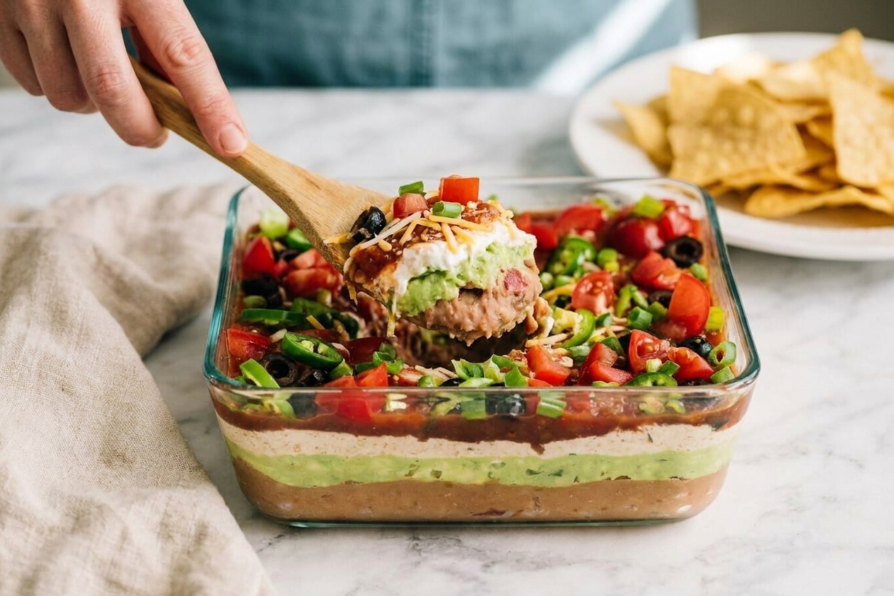 A serving spoon scooping into a chilled seven layer taco dip in a glass dish with tortilla chips on a nearby plate
