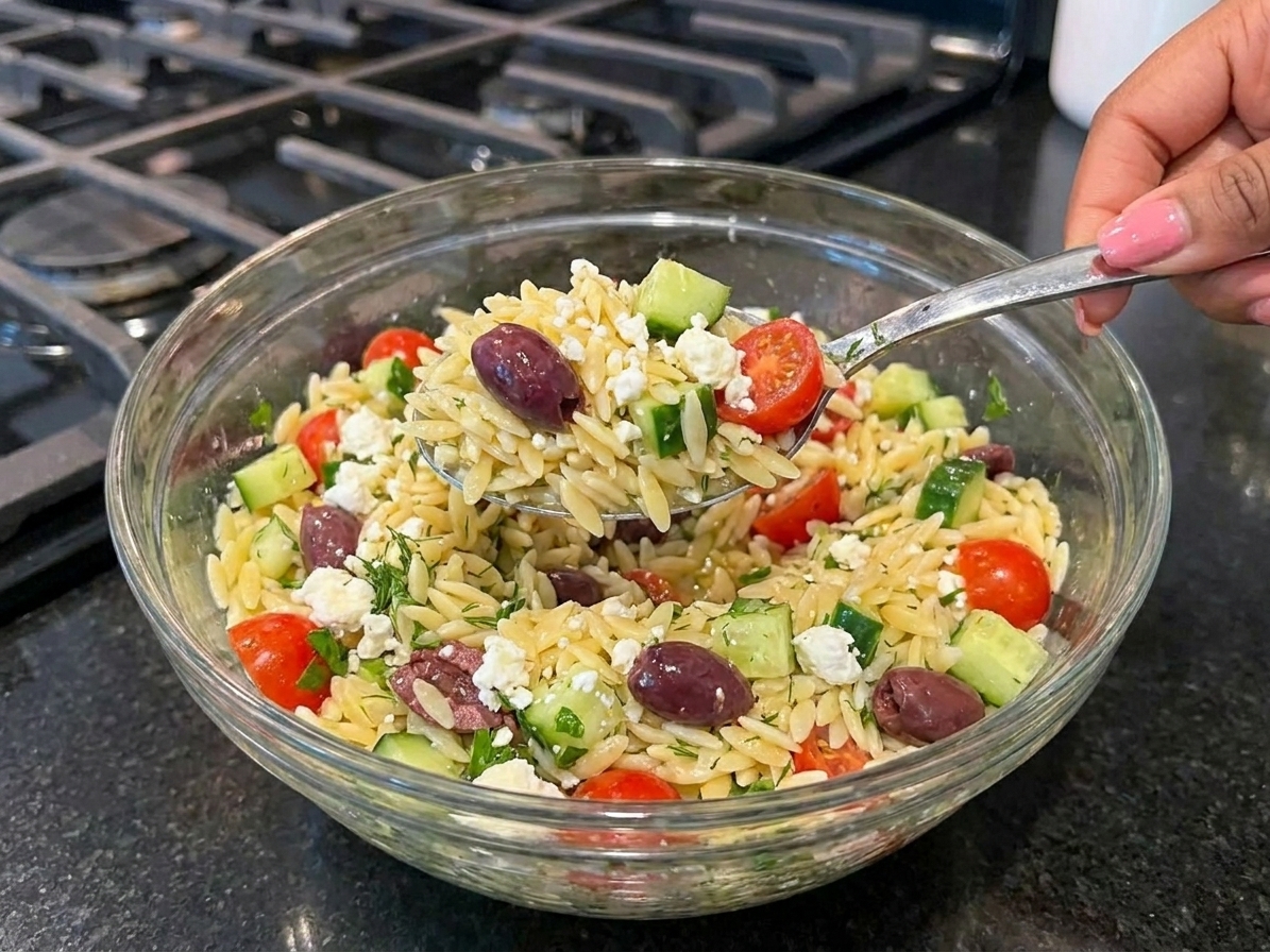 A serving spoon scooping lemony orzo pasta salad from a large bowl, showing feta crumbles, cucumbers, tomatoes, olives, and herbs