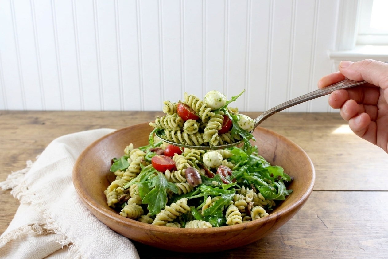 A serving spoon scooping pesto pasta salad from a bowl, showing cherry tomatoes, mozzarella, and arugula