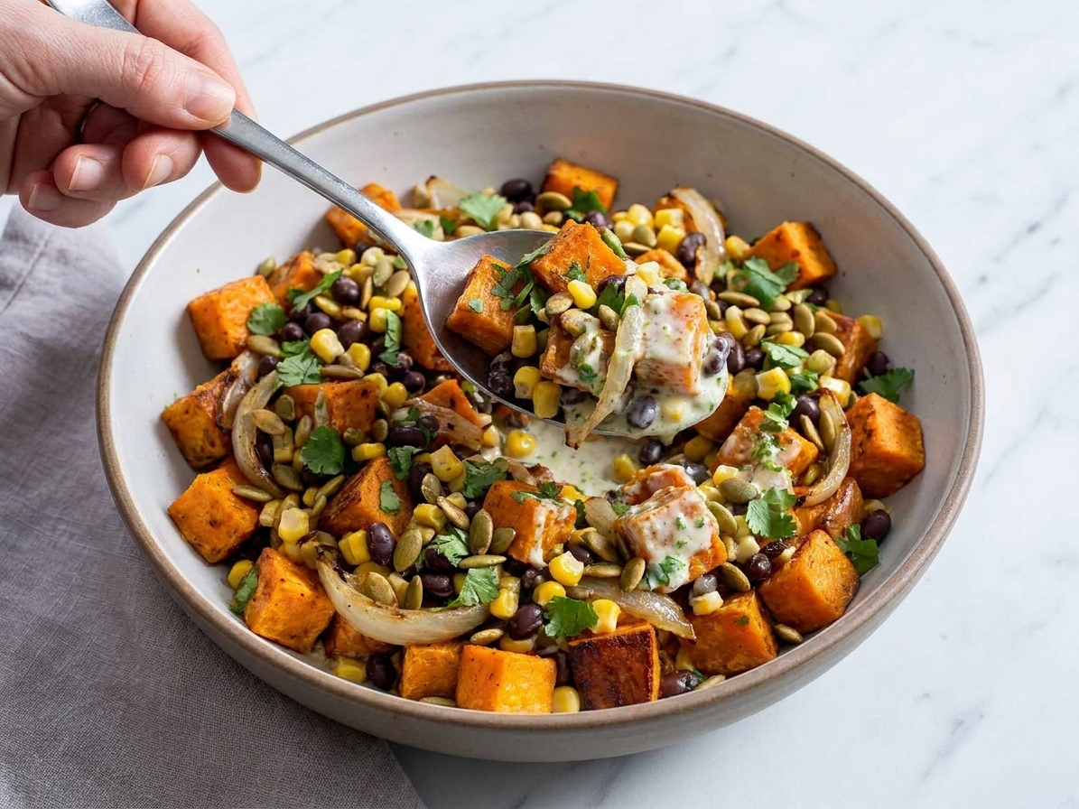 A serving spoon scooping roasted sweet potato salad from a large bowl, showing black beans, corn, cilantro, and pepitas