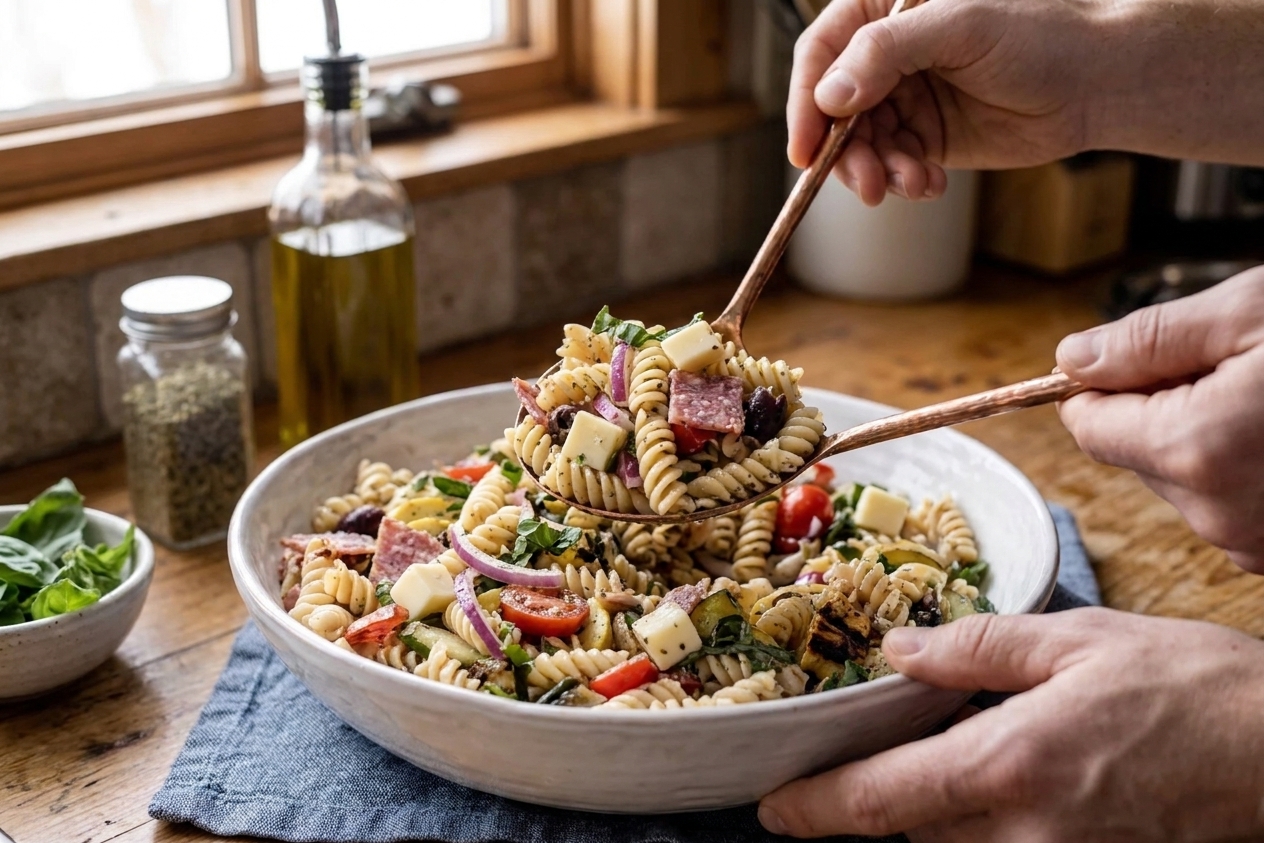 A serving spoon scooping rotini pasta salad from a large bowl, showing spirals coated in dressing with vegetables, salami, and cheese
