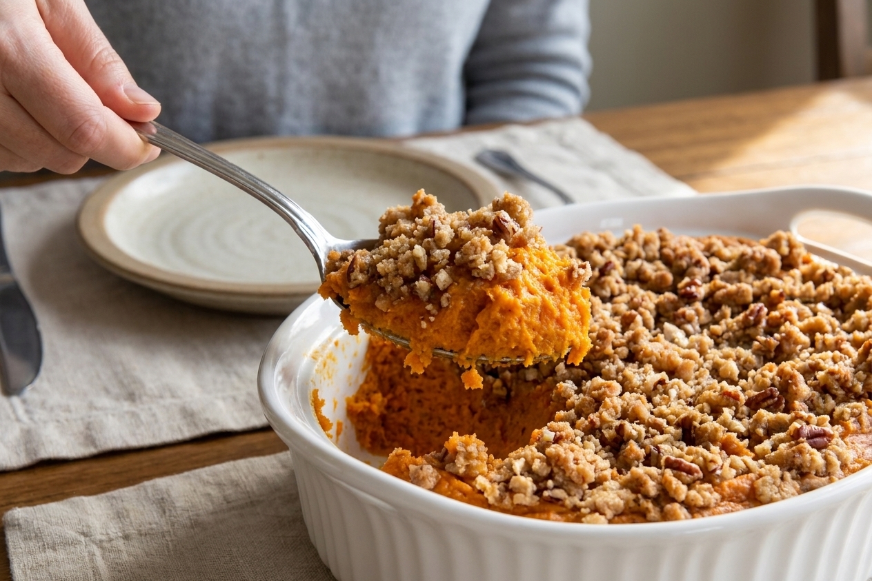A serving spoon scooping sweet potato soufflé with pecan streusel from a casserole dish on a dining table