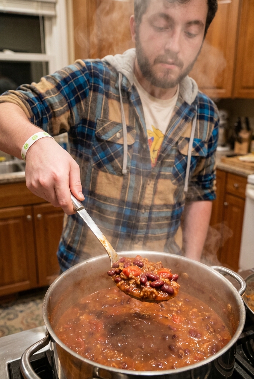 A serving spoon scooping thick chili beans from a pot with steam rising