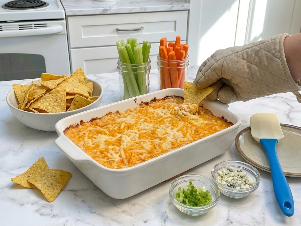 A serving table setup with a warm dish of buffalo chicken dip surrounded by tortilla chips, celery sticks, and carrot sticks