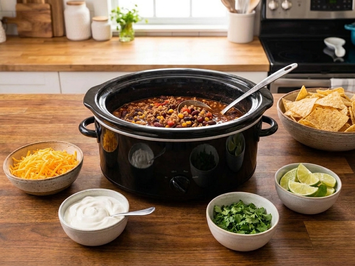 A serving table with bowls of shredded cheese, sour cream, cilantro, lime wedges, and tortilla chips next to a pot of turkey chili