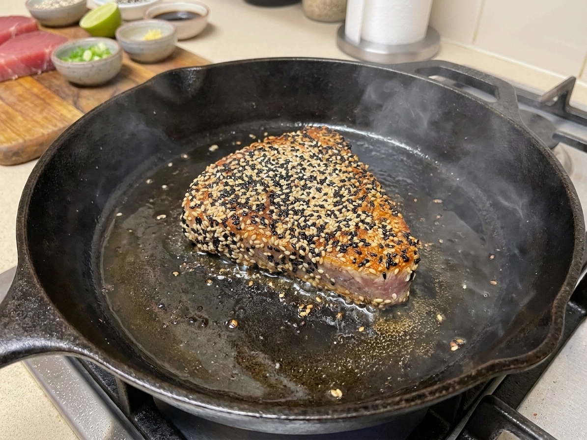 A sesame-crusted tuna steak searing in a hot cast iron skillet with a thin layer of oil on a stovetop
