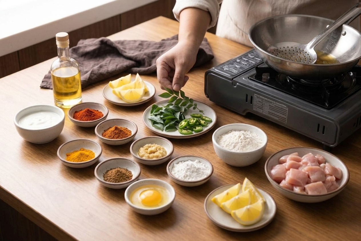 A set of measured ingredients for Chicken 65 including yogurt, spices, curry leaves, green chiles, cornstarch, flour, egg, and lemon on a tidy kitchen counter