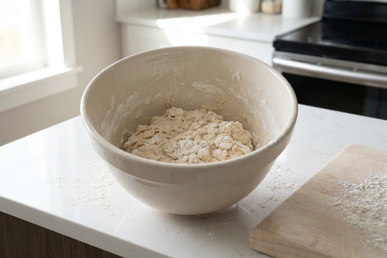 A shaggy baguette dough in a large mixing bowl with flour streaks on the sides on a kitchen counter