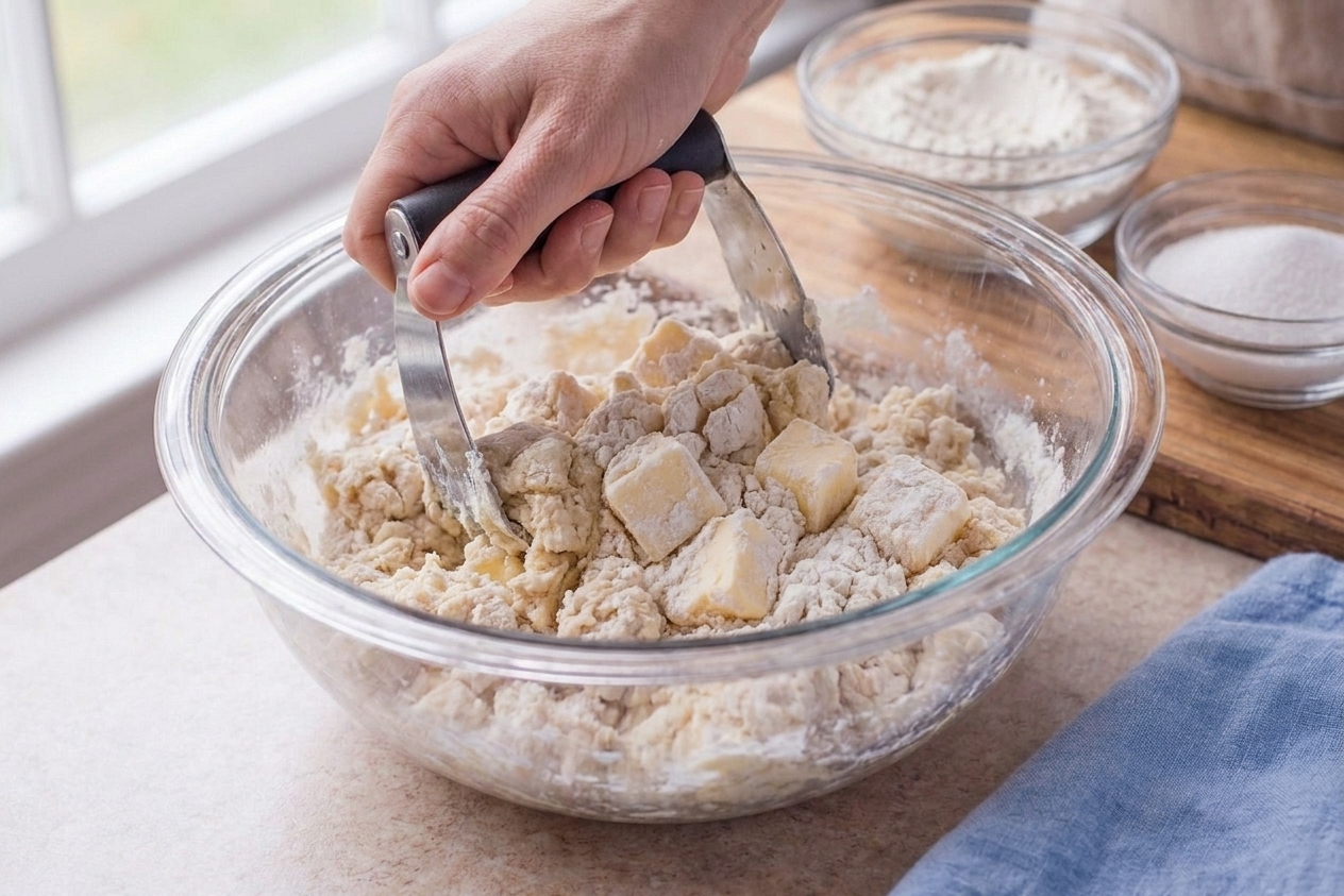 A shaggy biscuit dough being mixed in a bowl with visible pieces of butter throughout