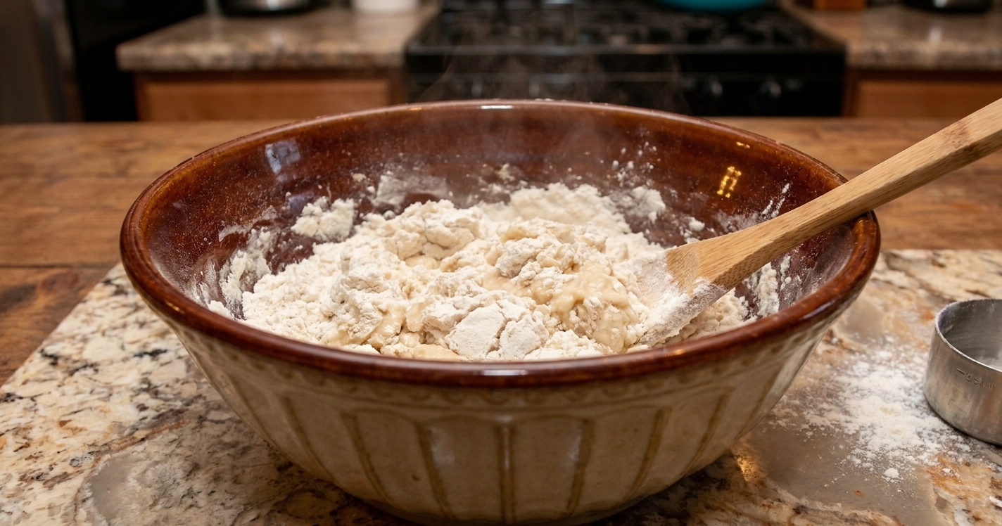 A shaggy flour and hot water dough mixture in a large mixing bowl on a bright kitchen counter