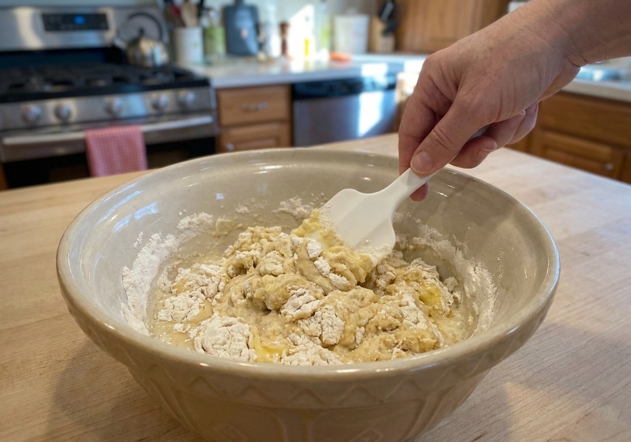 A shaggy fried dough mixture being stirred in a large bowl with a rubber spatula on a bright kitchen counter