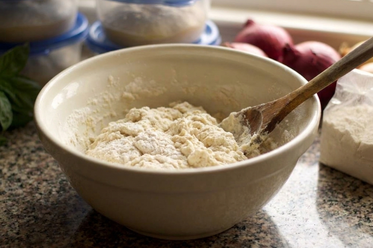 A shaggy pizza dough mixture in a large mixing bowl with a wooden spoon resting against the side