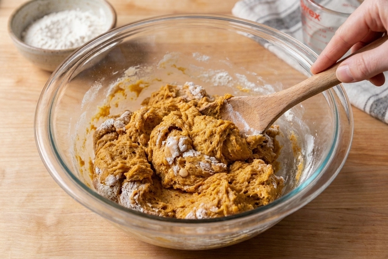 A shaggy pumpkin yeast dough coming together in a mixing bowl with flour streaks still visible