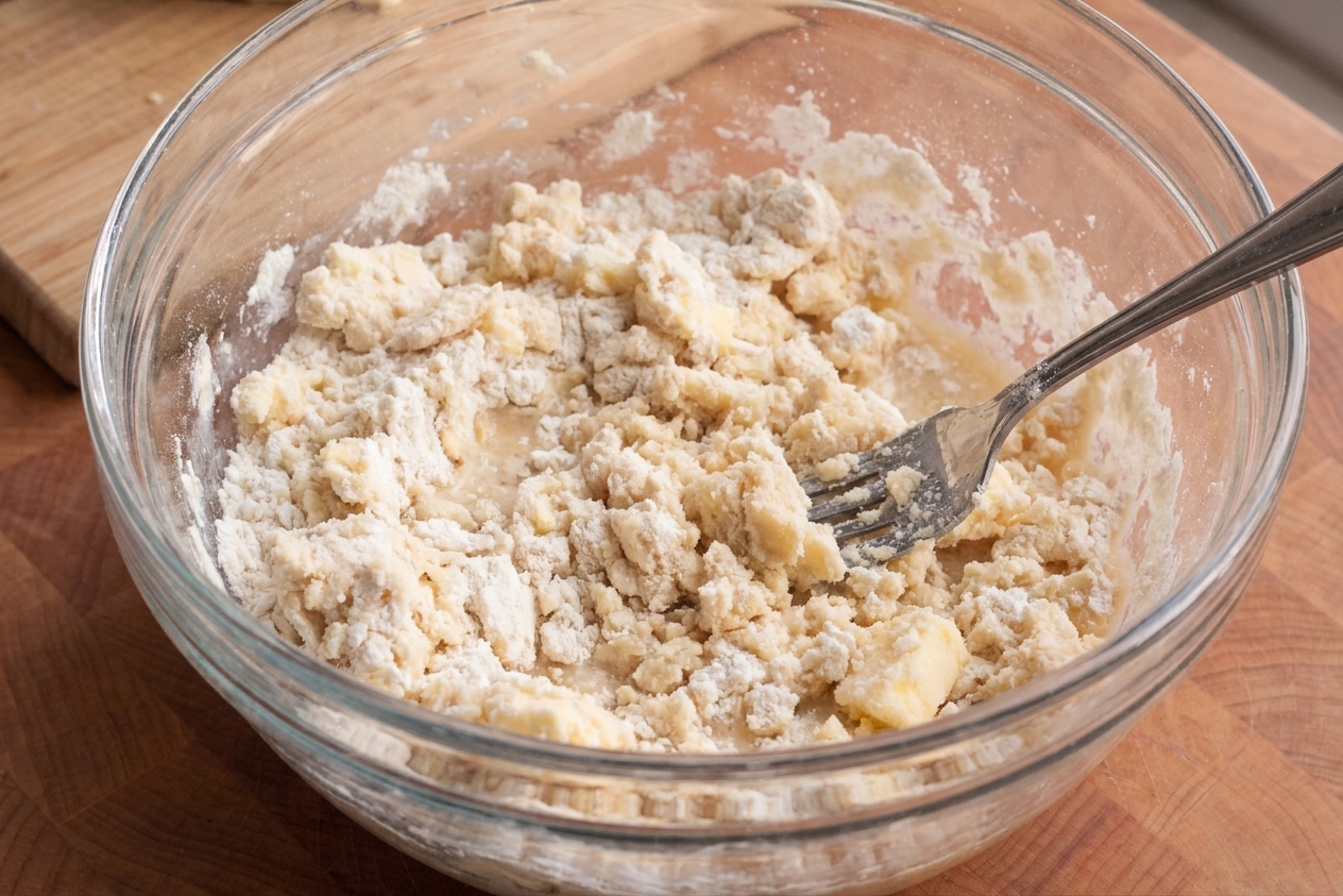 A shaggy scone dough mixture in a large mixing bowl with a fork resting on the side