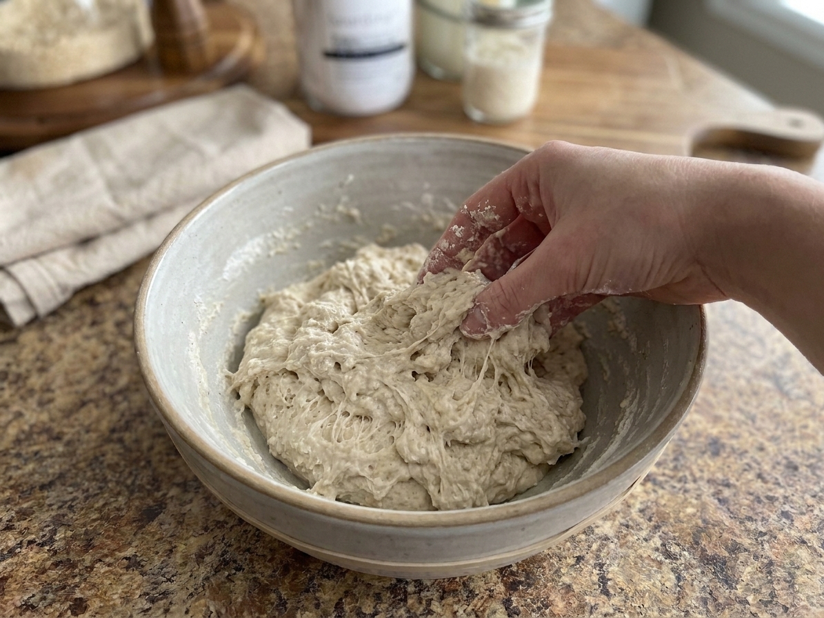 A shaggy sourdough dough in a mixing bowl with no dry flour remaining