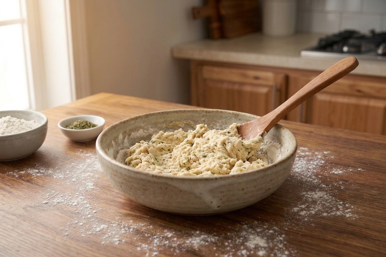 A shaggy, stiff dough being mixed in a large bowl with a wooden spoon on a kitchen counter